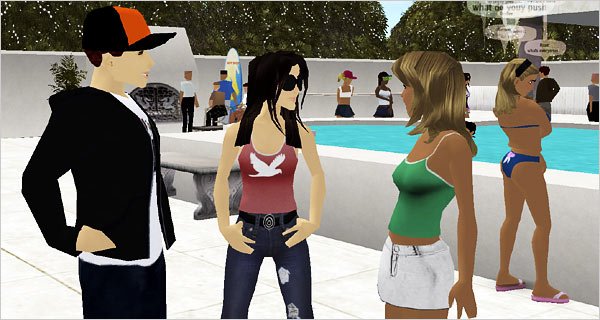 Avatars around pool in Virtual Laguna Beach