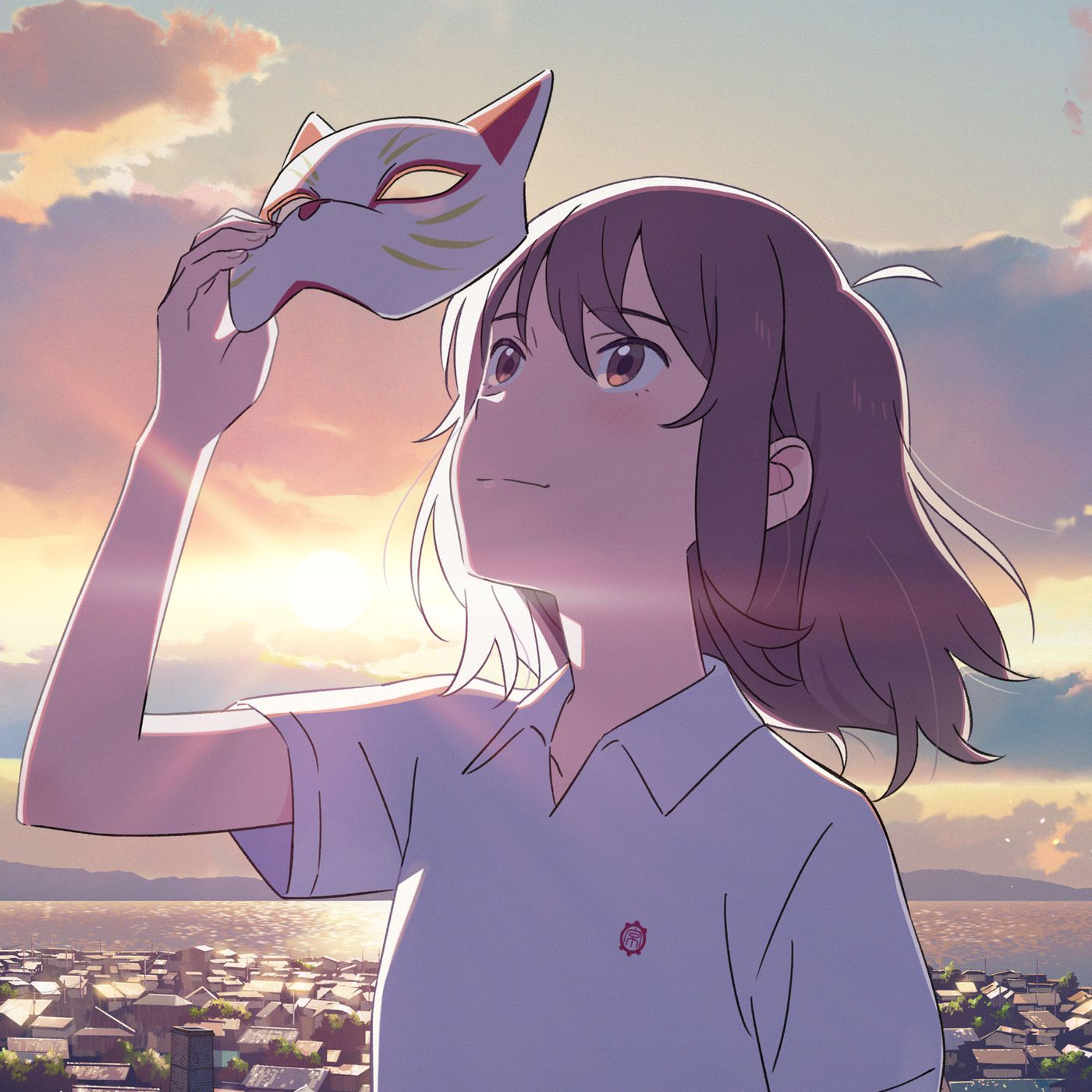 Young anime girl holding a cat-shaped mask