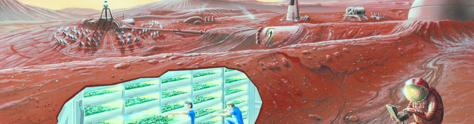 Artist impression of a Mars settlement with cutaway view.