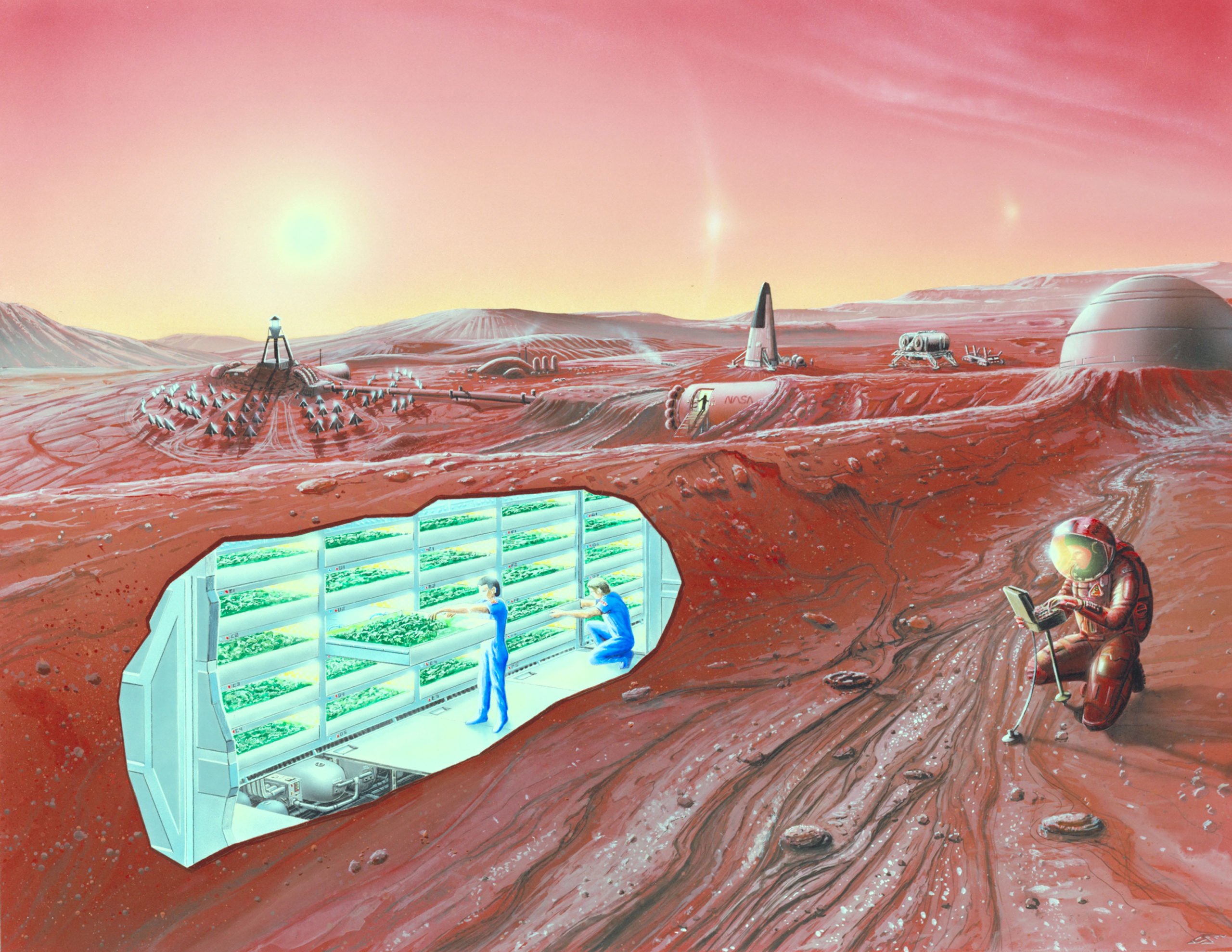 Artist impression of a Mars settlement with cutaway view.