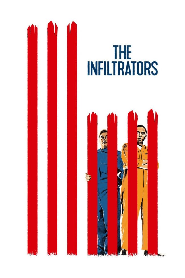 Poster from "The Infiltrators" showing two main characters behind red stylized bars, vertical to resemble the American flag.