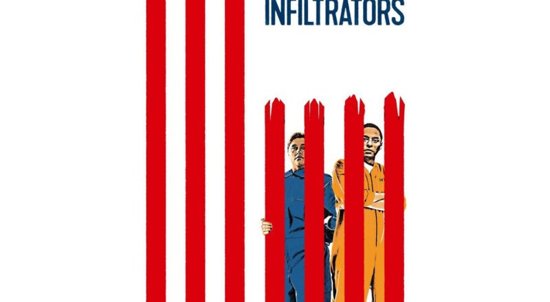 Poster from "The Infiltrators" showing two main characters behind red stylized prison bars, vertical to resemble the American flag.