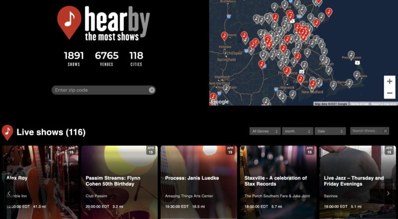 The Hearby homepage showing live concert information as a list and detailed map