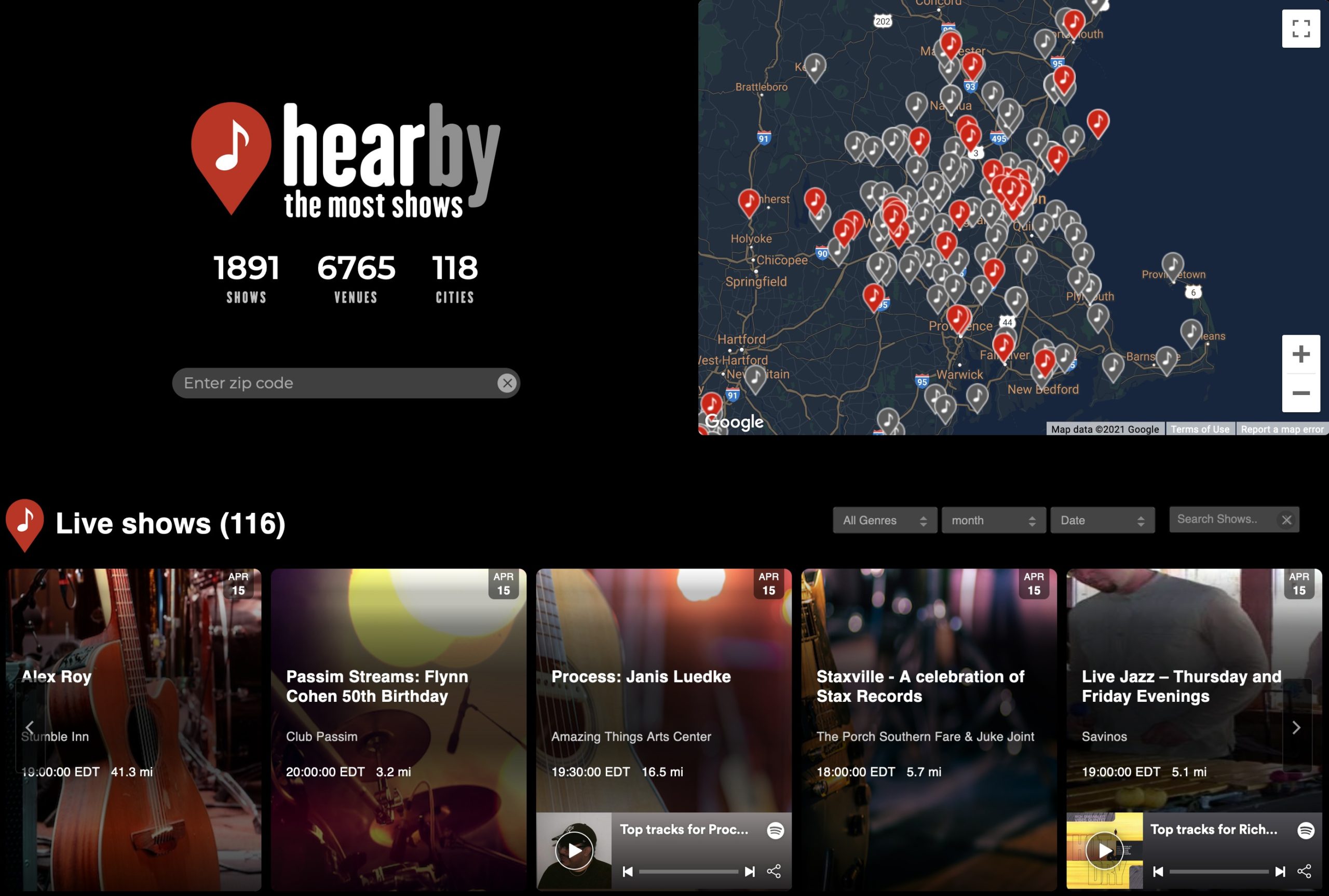 The Hearby homepage listing live events, along with a map detailing the events' locations.